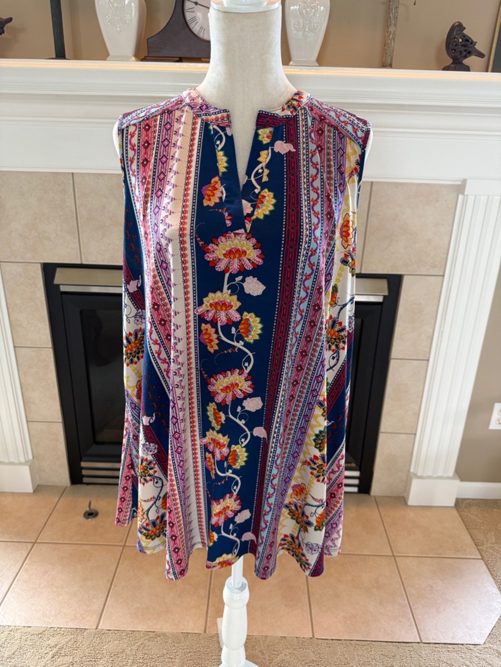 Westport Navy Multicolor Floral Stripe Sleeveless Top